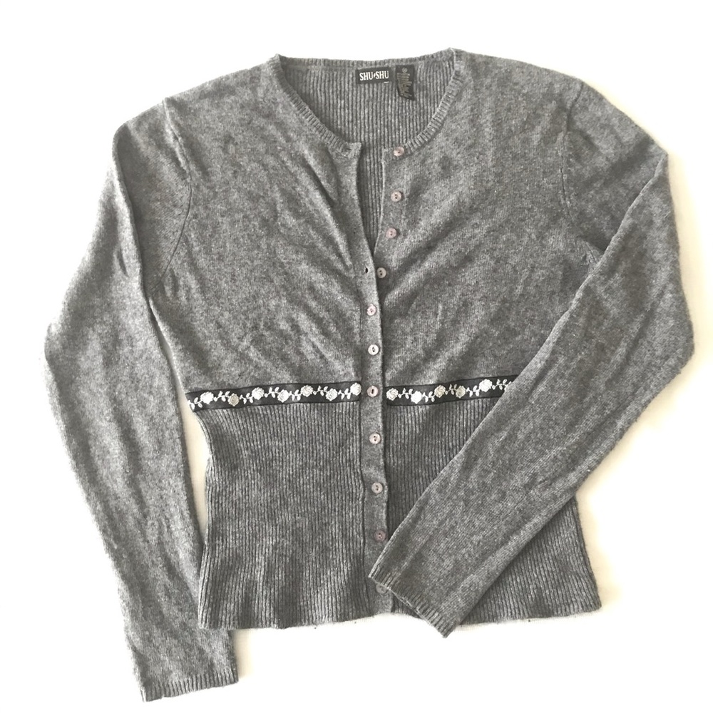 Vintage Cardigan Sweater Ribbon Gray